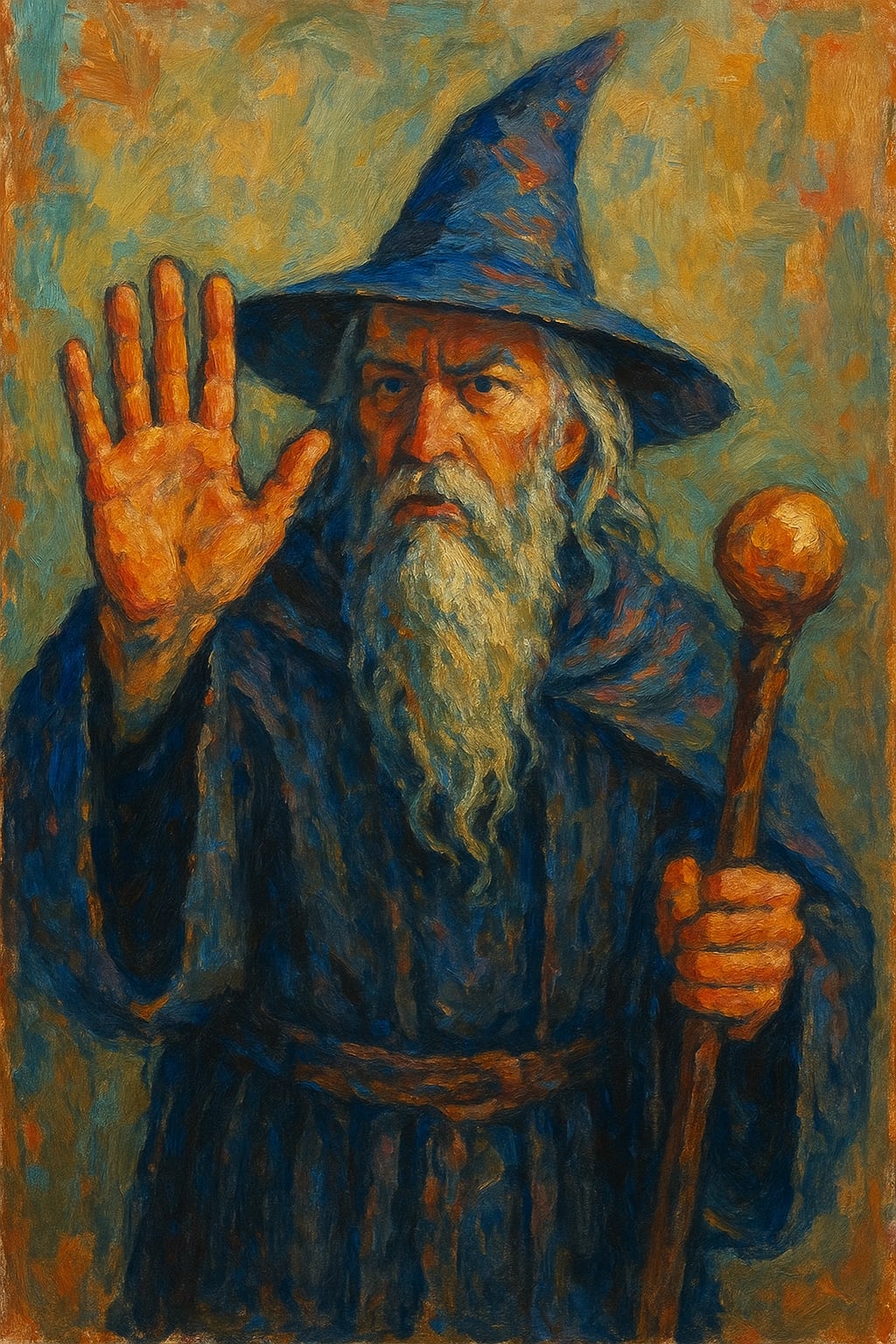 A wizard holds up a hand to tell people to wait.