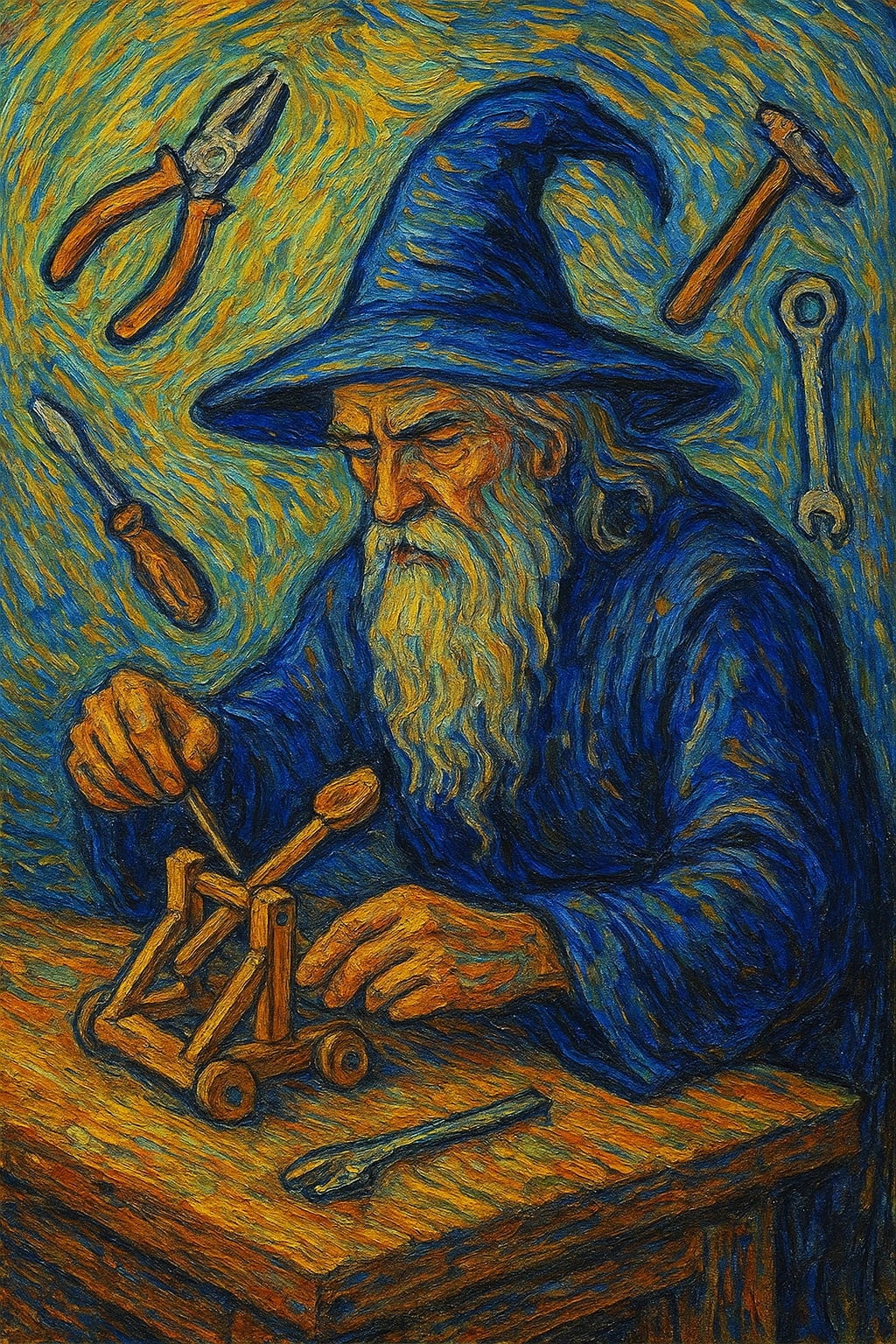 A wizard is sitting at a workbench creating a toy catapult. His toys float around him.
