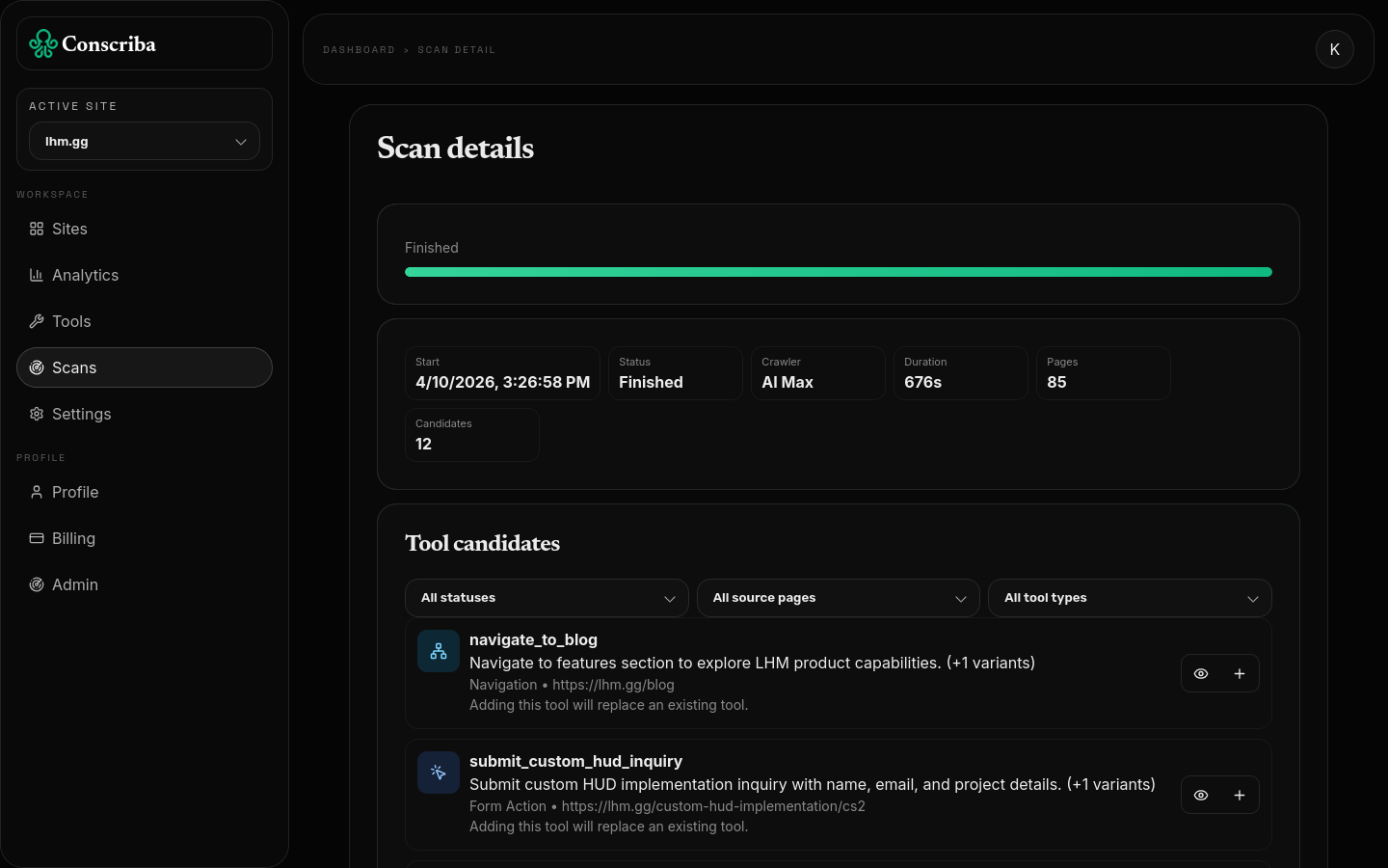 Conscriba - add WebMCP to your website for free preview