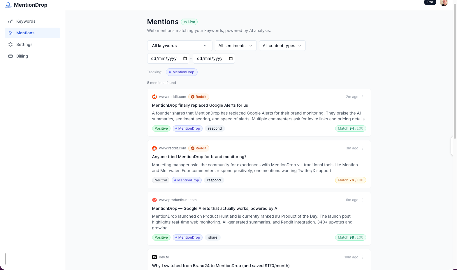 Web and Reddit Mention Monitoring for Brands | MentionDrop screenshot 2