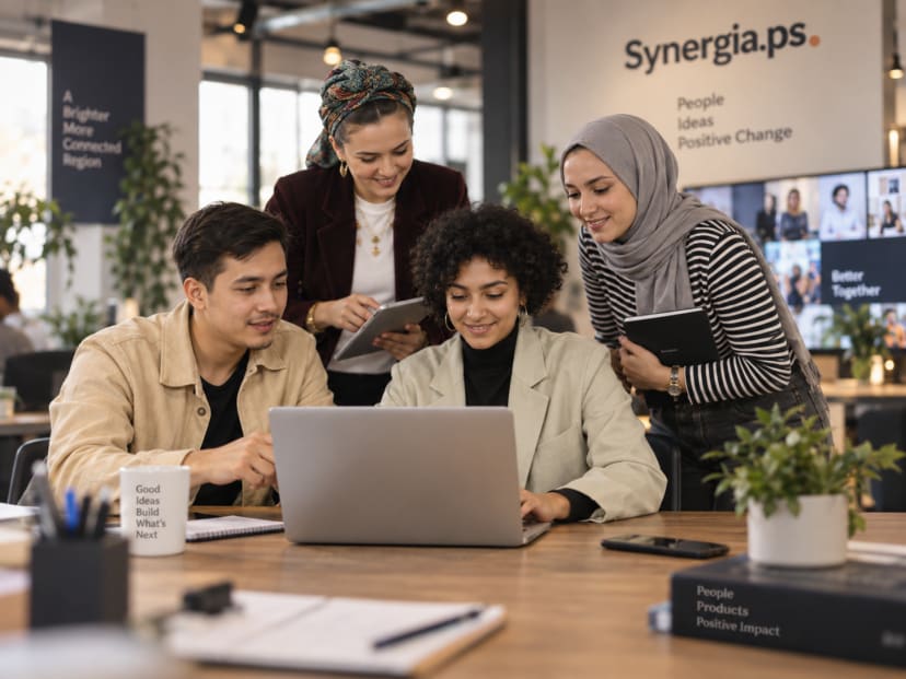 Team collaborating around a laptop in a Synergia workspace
