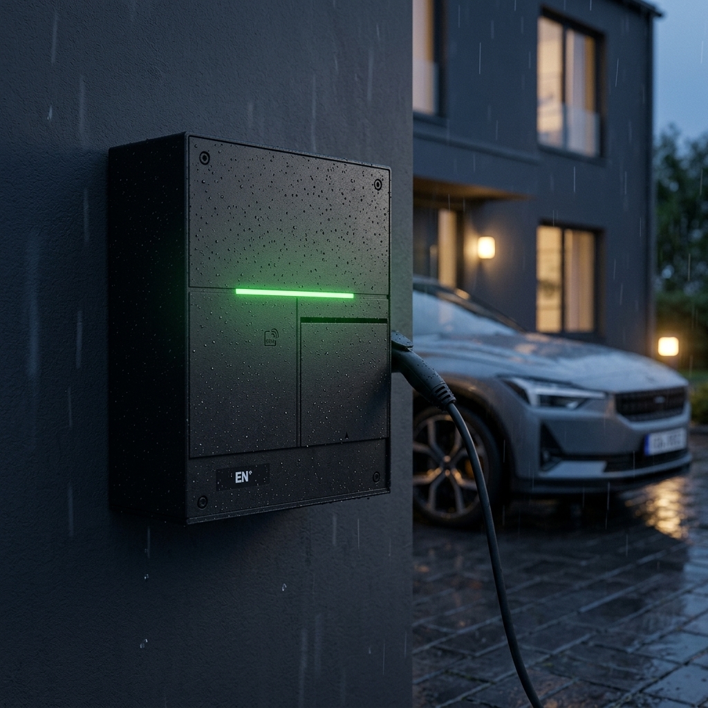 Ladeboks i regnvejr om aftenen med ladekabel tilsluttet elbilen