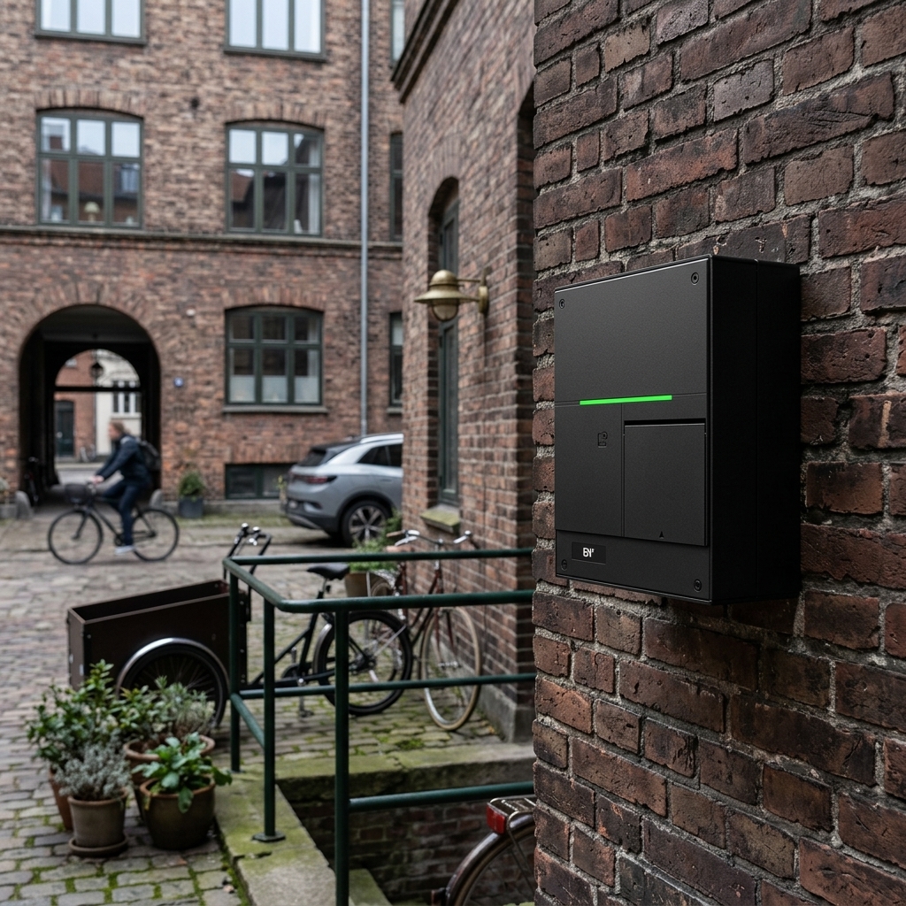 Ladeboks monteret på murstensfacade i en dansk byggård