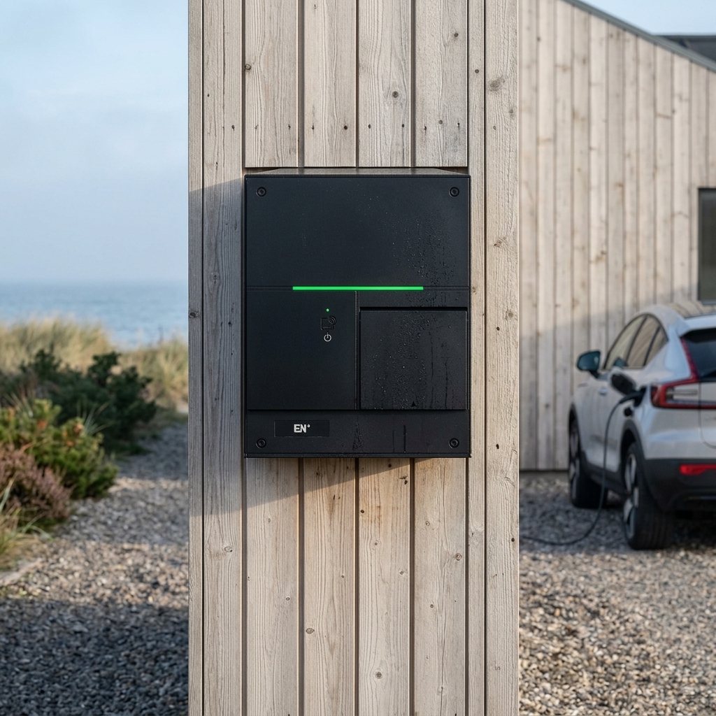 Ladeboks monteret på træbeklædning ved sommerhus i solskin nær kysten