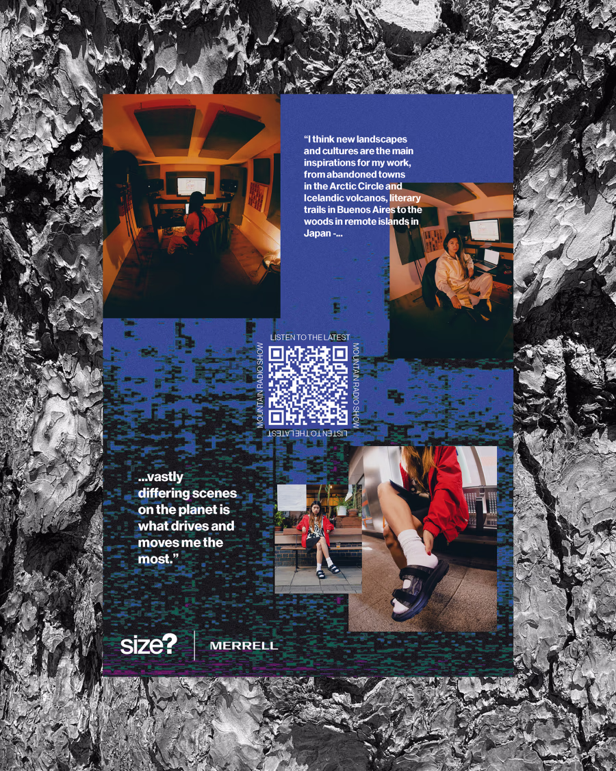An image of a poster for Merrell. Green background with images and text