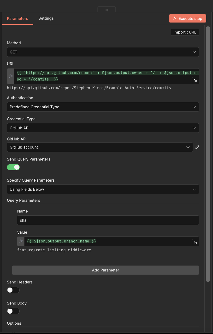 Get commits HTTP request parameters