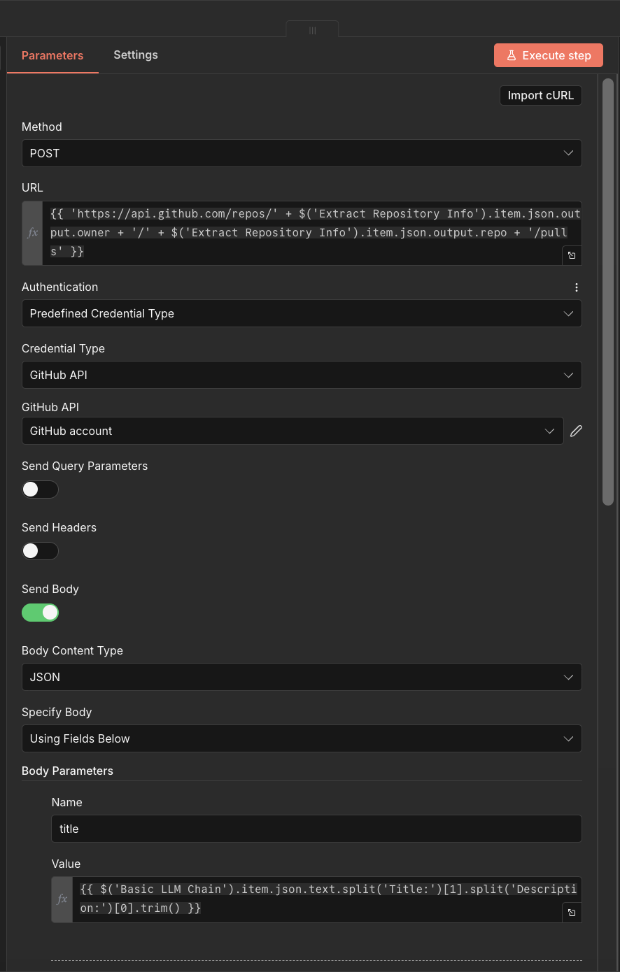 GitHub PR creation parameters