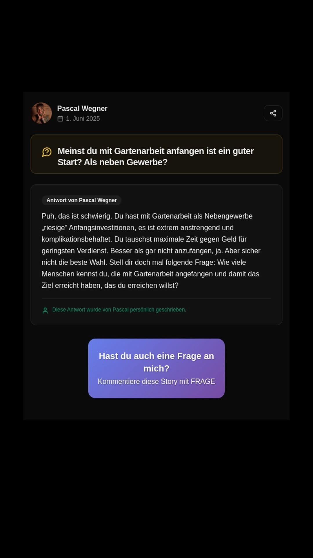 Pascal Wegner Story auf Instagram