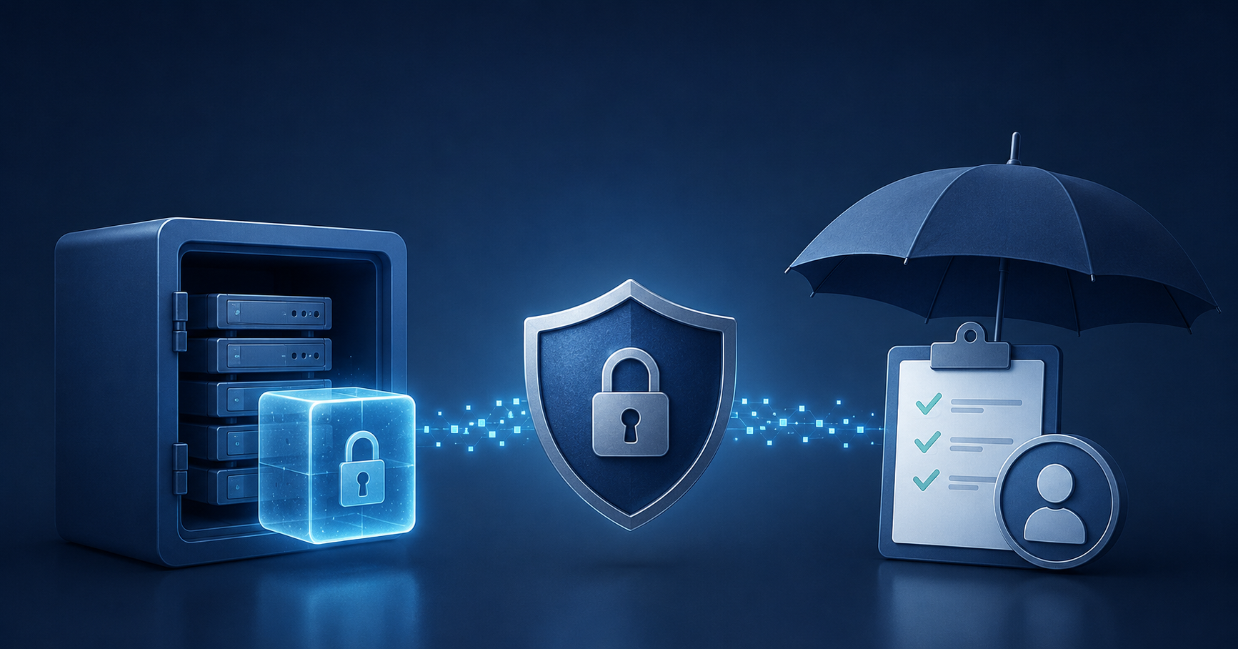 A cybersecurity concept image showing protected cloud storage with shield and umbrella icons on a dark blue background, representing immutable backups and cyber insurance.
