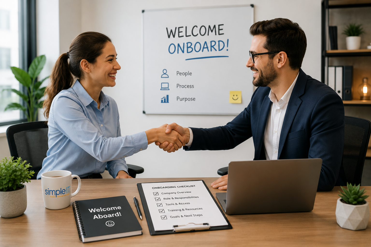 Employee onboarding meeting with manager reviewing training checklist, expectations, and workplace orientation