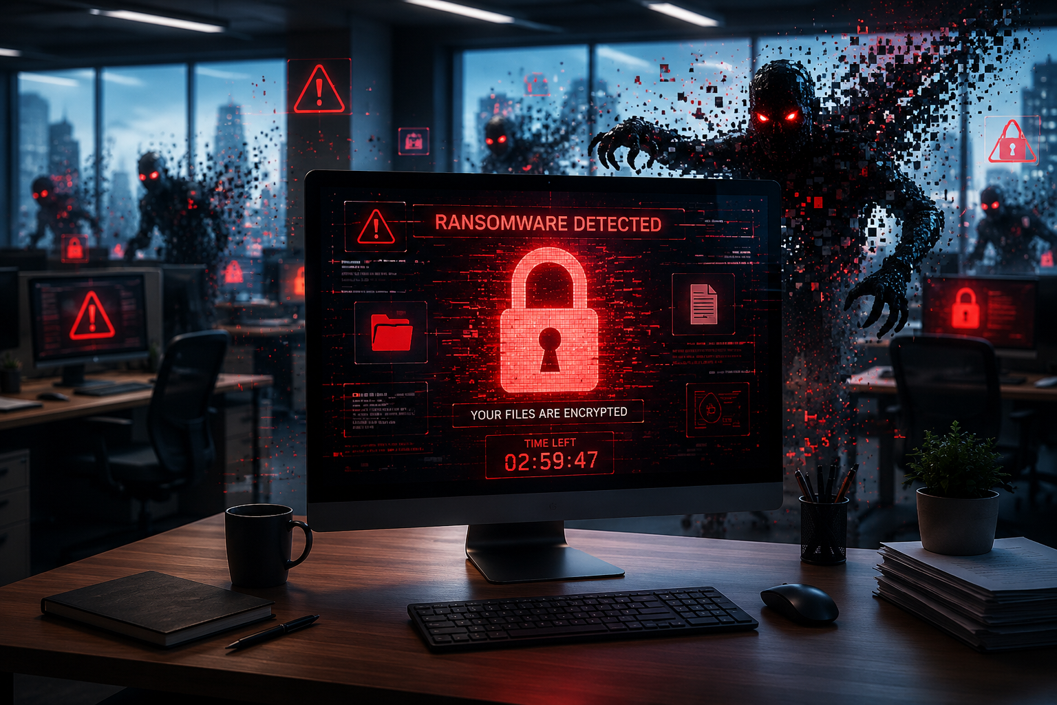 Computer displaying a ransomware attack on a small business with encrypted files and cybersecurity threat warning