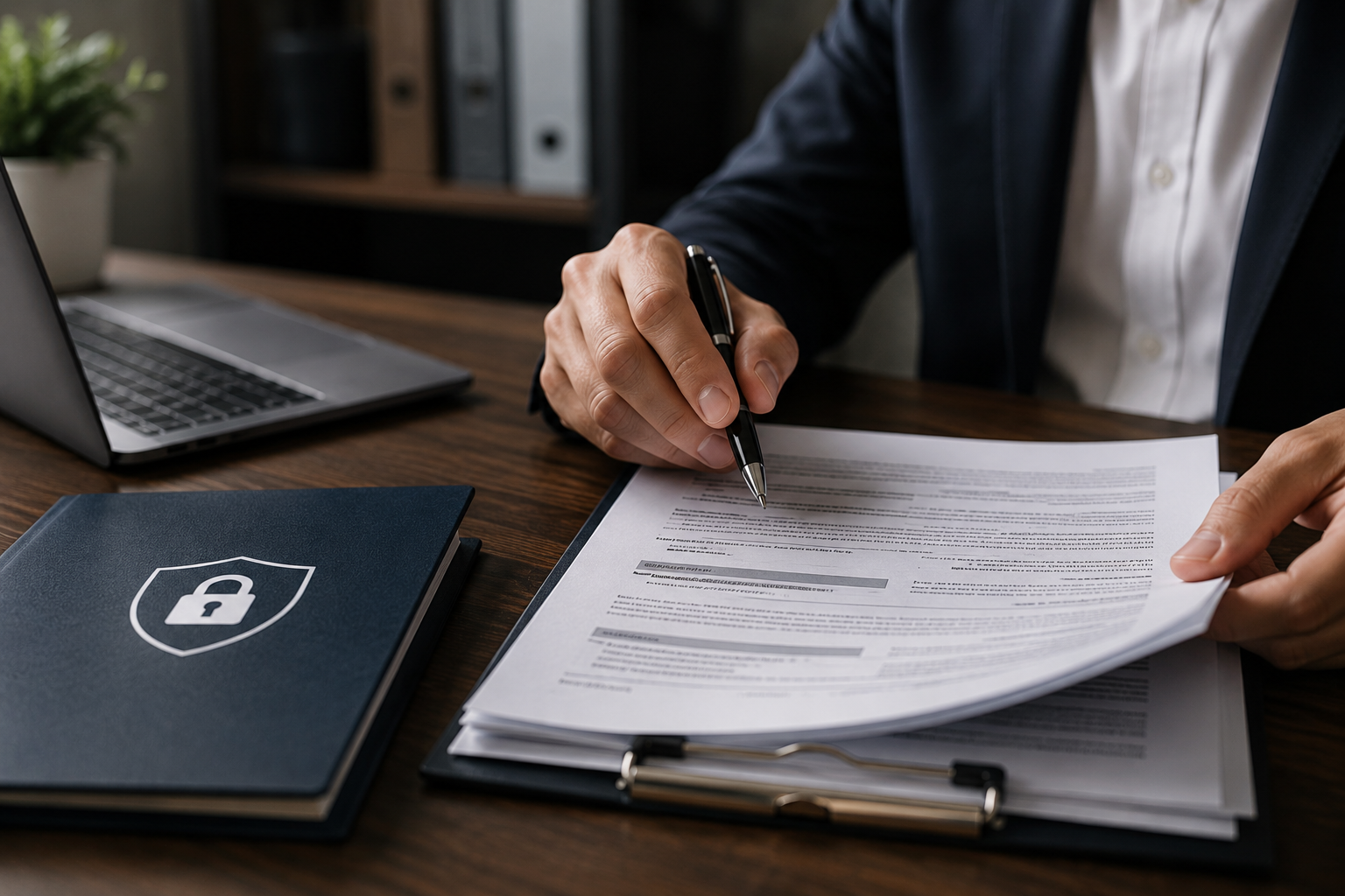 Business owner reviewing cyber insurance requirements for policy renewal questions.