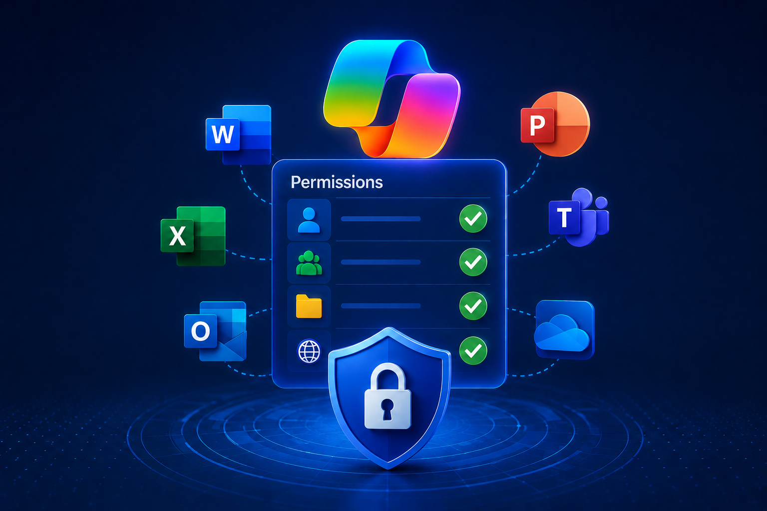 Microsoft 365 permissions dashboard with Copilot security and access management illustration