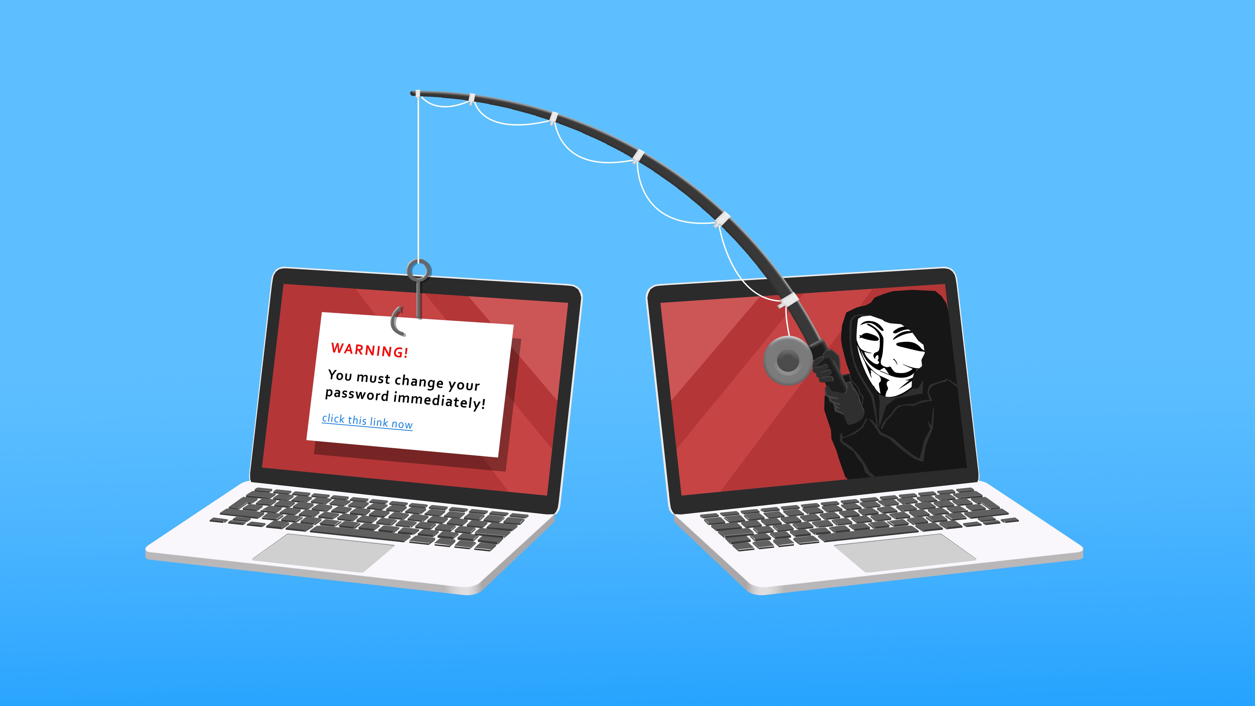 How to Spot a Phishing Email Now That They Look Real Phishing email scam targeting a laptop with a fake password change warning and hacker using a fishing hook