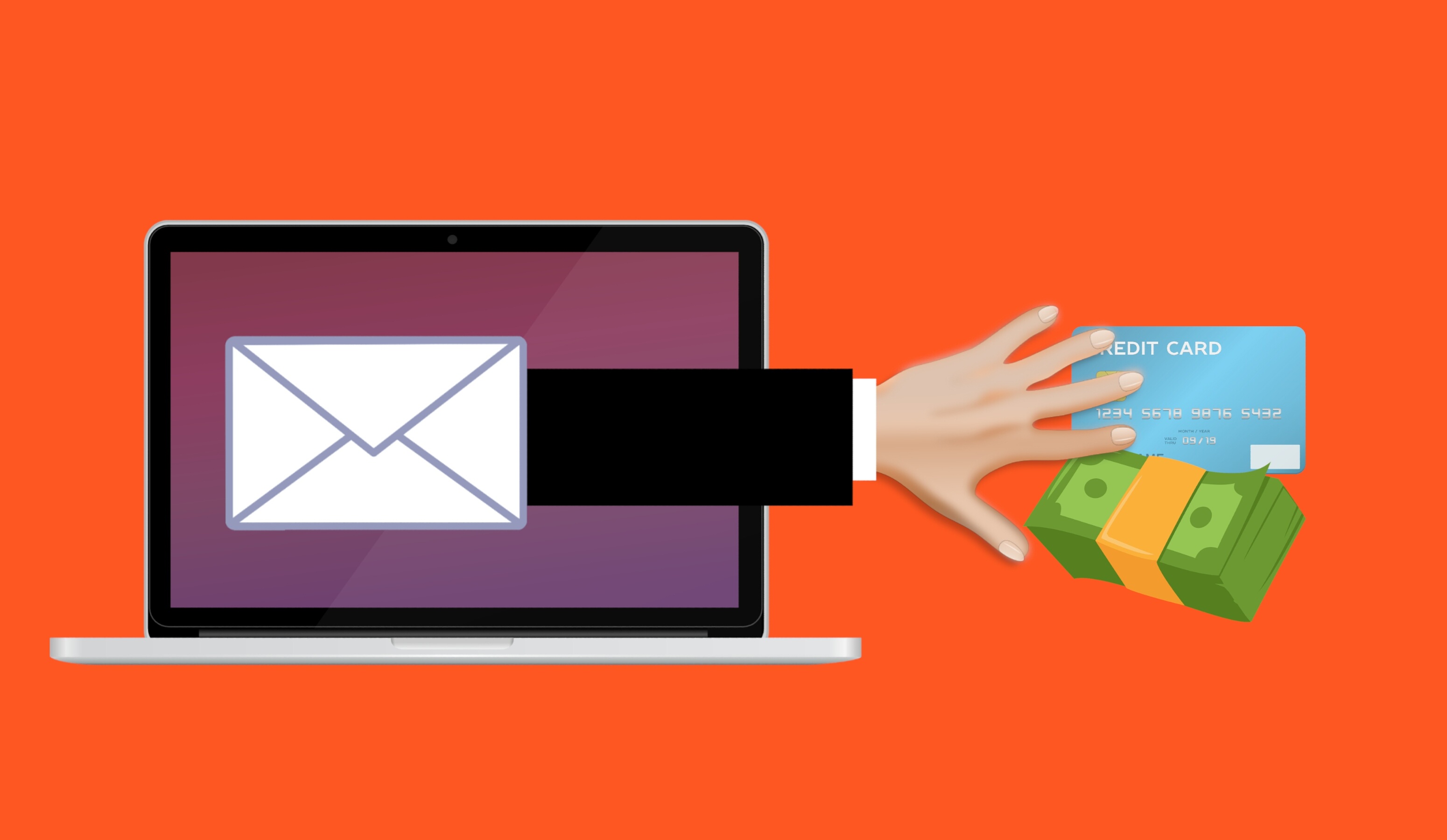 Phishing scam email targeting a laptop and attempting to steal credit card information and cash