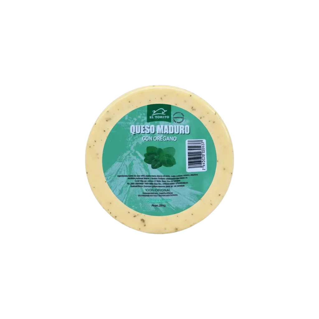 Rueda de queso maduro El Torito con orégano vista superior, mostrando especias de orégano distribuidas en el queso con etiqueta verde turquesa