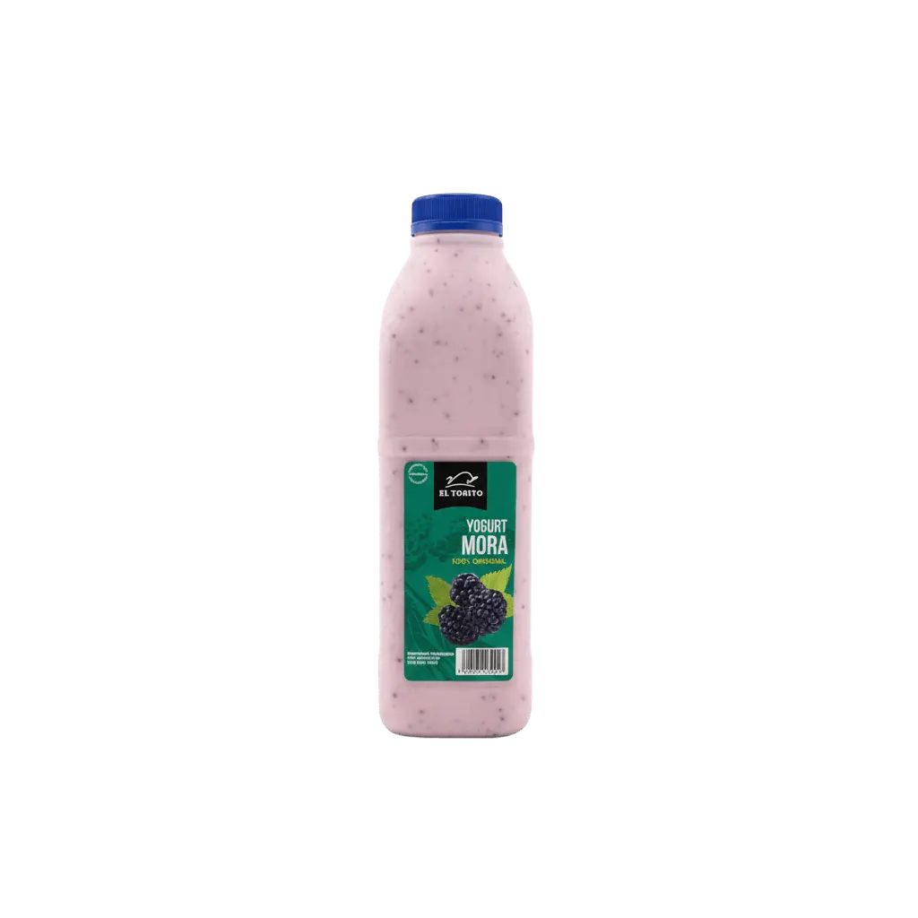 Botella de yogurt de mora El Torito con tope de longaniza, color rosado con semillas visibles, tapa azul y etiqueta verde con imagen de moras