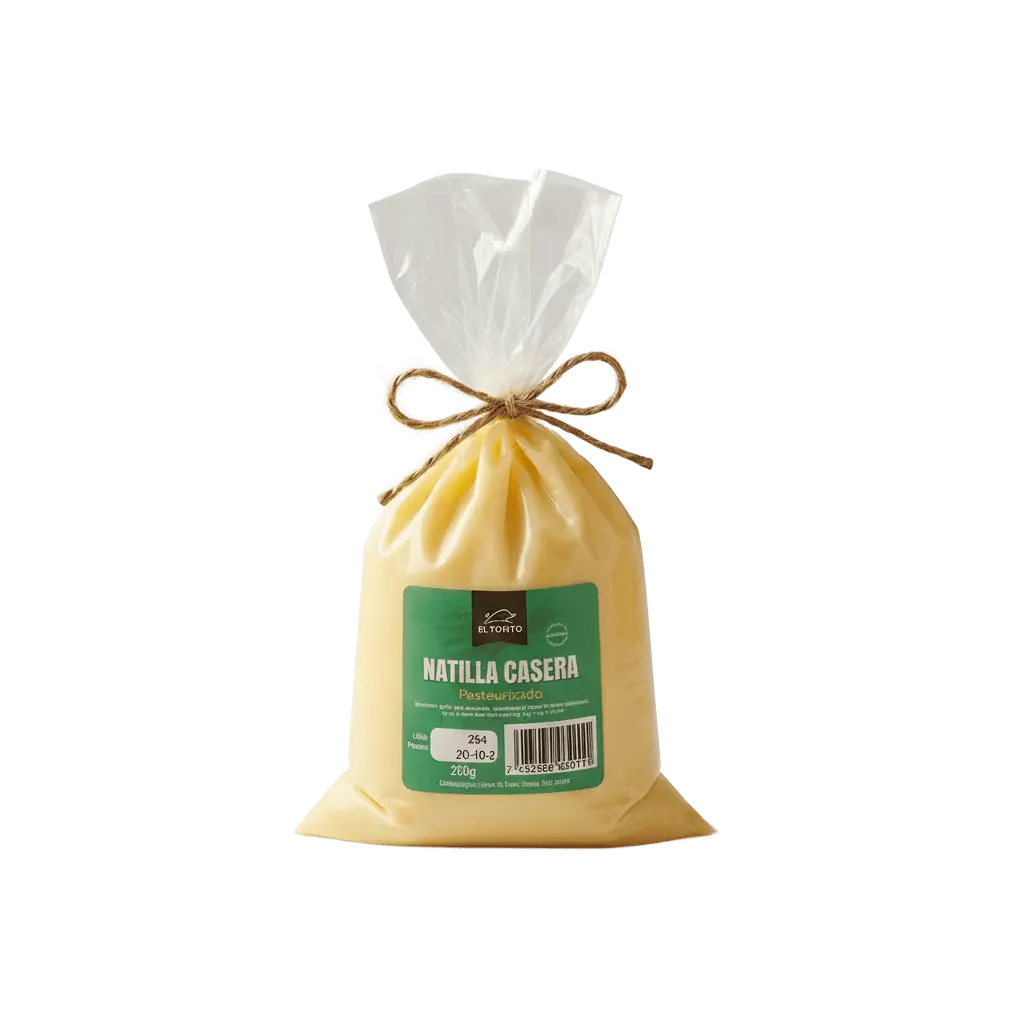 Bolsa de natilla casera pasteurizada El Torito de 250 gramos, envuelta en plástico transparente con lazo de yute y etiqueta verde