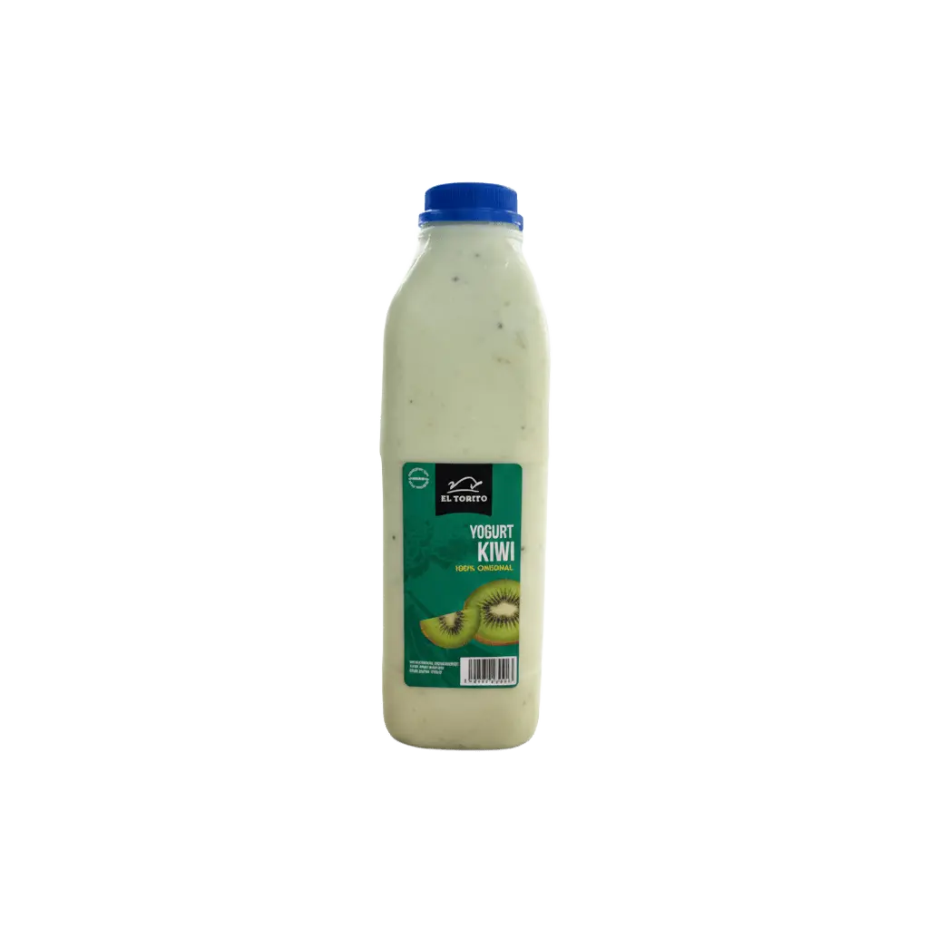 Botella de yogurt de kiwi El Torito con tope de longaniza, envase con tapa azul y etiqueta verde mostrando rodajas de kiwi