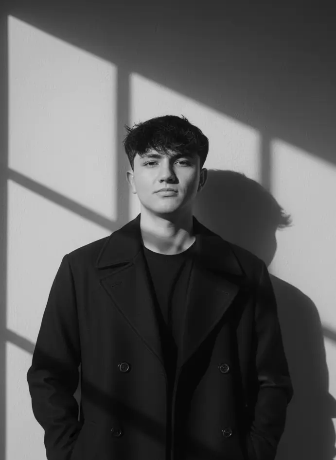 Black and white portrait of Yordi Castro Rojas posing in a dark overcoat against a wall with geometric shadows from natural light.