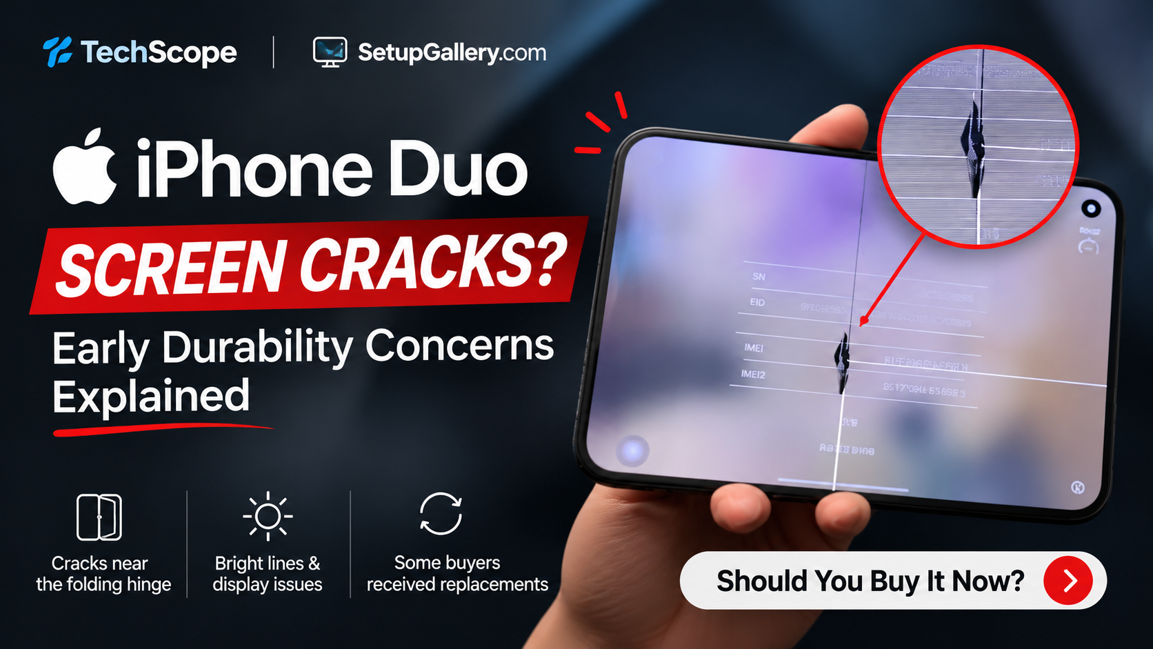 iPhone Duo showing a cracked inner display near the folding hinge