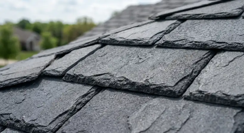 Aerial view of a modern eco-friendly residential home with solar panels and green roofing