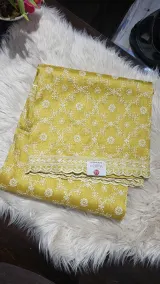 Designer Organza Saree with Full Embroidery Work & Scalloped Border — Yellow