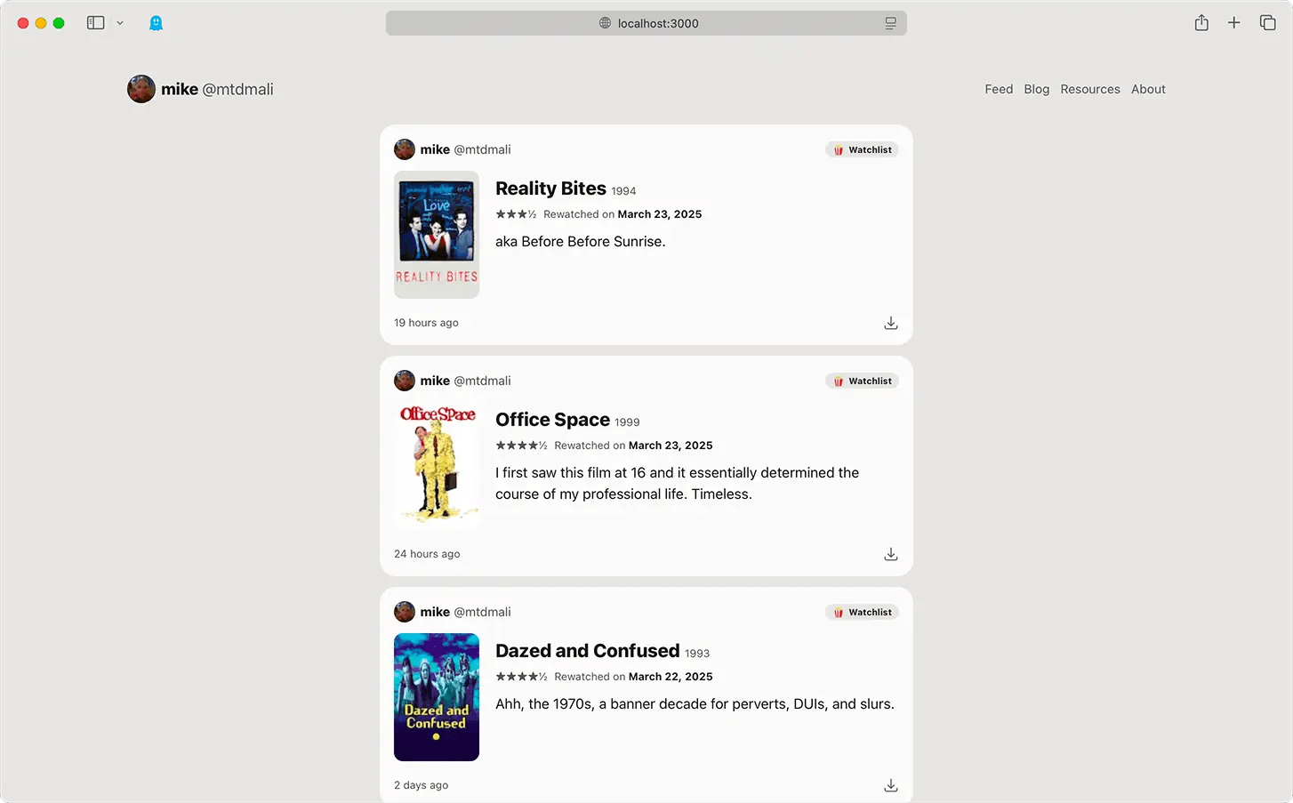 A screenshot of an earlier version of this site circa 2024. It is a dark grey theme, with social media-like feed cards an a minimal header. The front page content is dynamic and shows the last few Letterboxd reviews I had made.