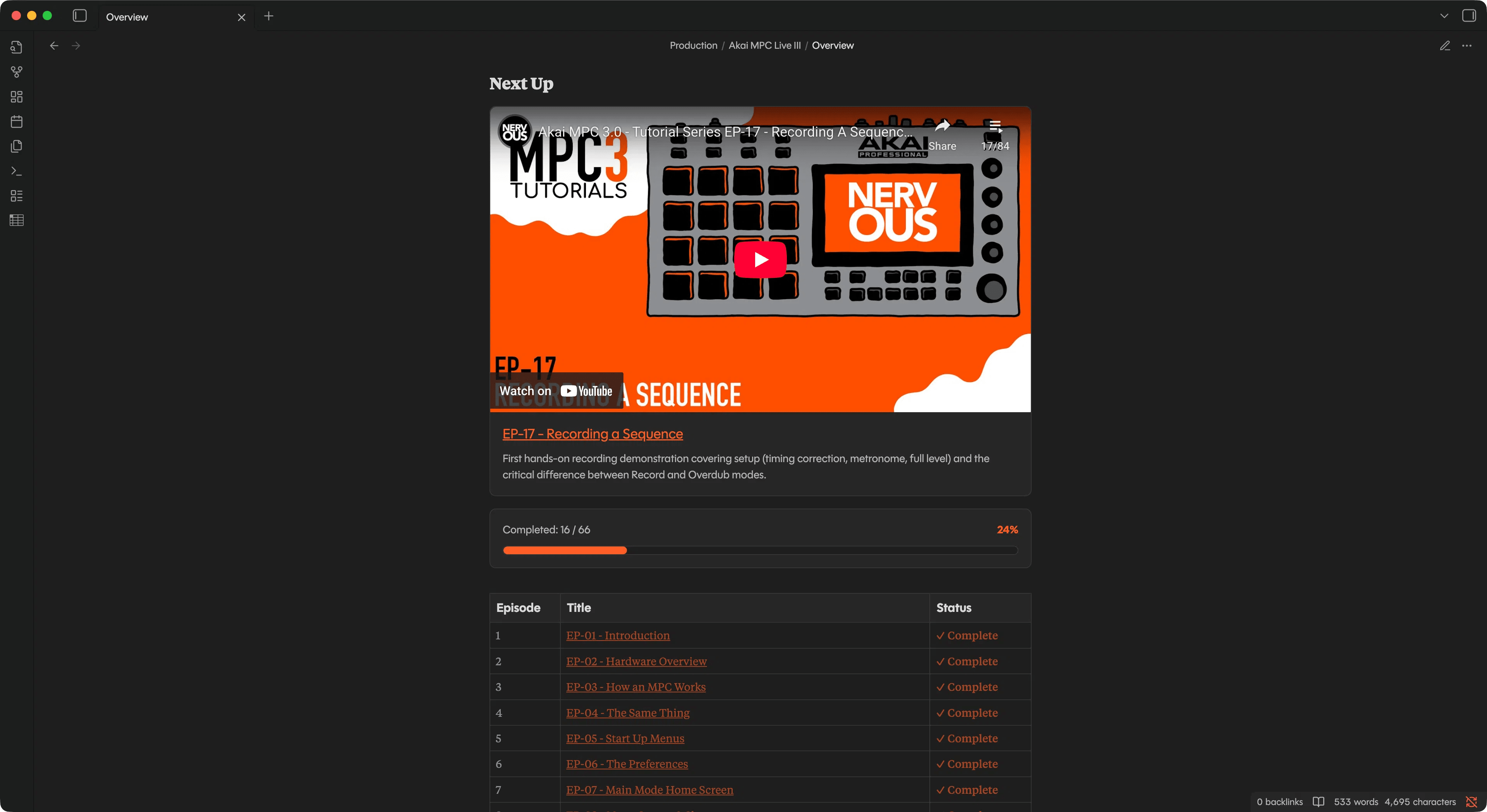 A dashboard I created inside of Obsidian to keep track of the videos I've watched from the tutorial series mentioned above.