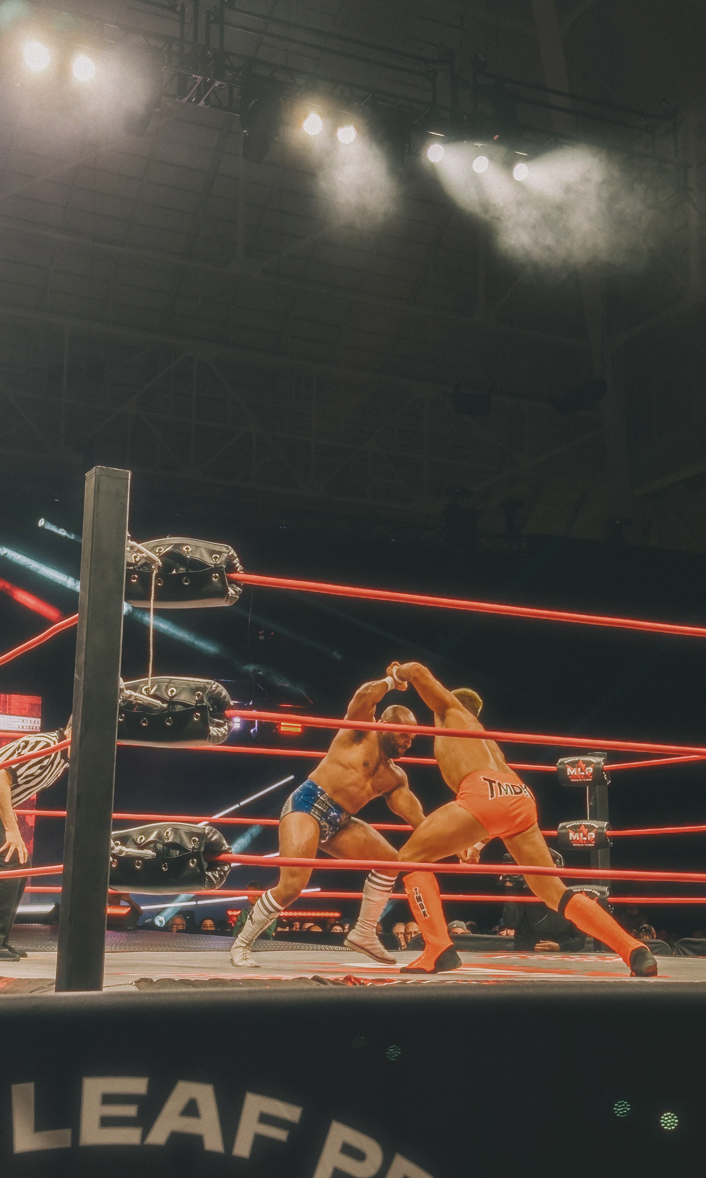 A photo of Zack Sabre Jr. and Jonathan Gresham locking up in the ring at Maple Leaf Pro Wrestling's Northern Rising event in Toronto.