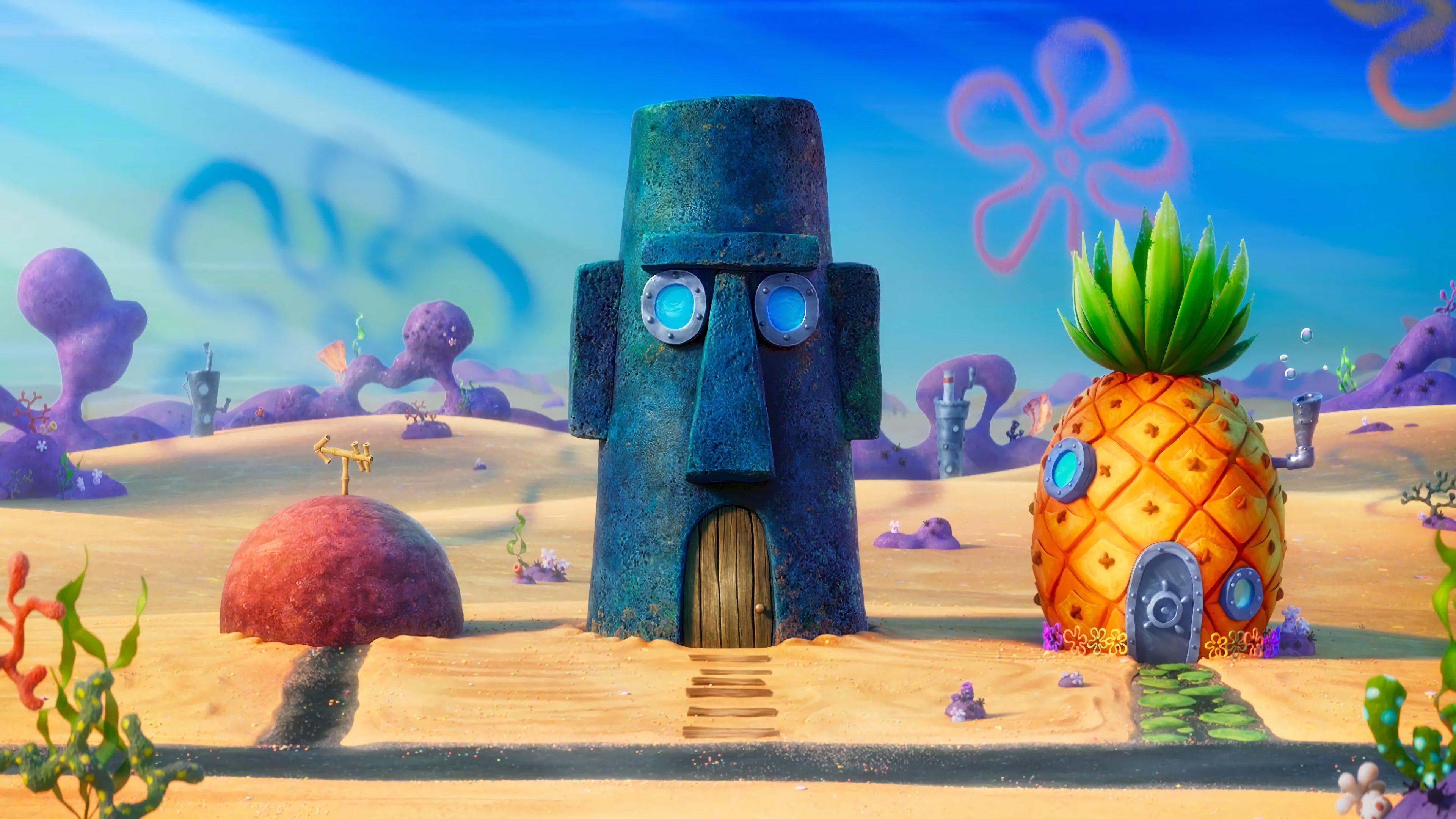 The houses of Patrick, Squidward and SpongeBob in Bikini Bottom