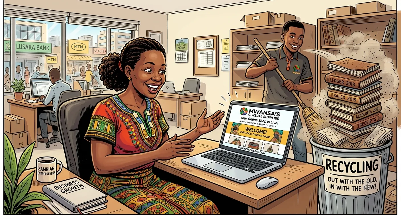 A comic illustration of a business owner looking happily at a sleek laptop displaying their brand-new website, while in the background, a chaotic stack of dusty ledger books is being swept into a bin