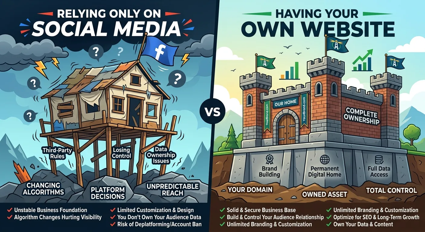  A comparative infographic side-by-side. On the left: "Relying Only on Social Media" (shows a shaky house on stilts with a Facebook flag). On the right: "Having Your Own Website" (shows a solid, brick-and-mortar digital fortress on a strong foundation labeled 'Your Domain')