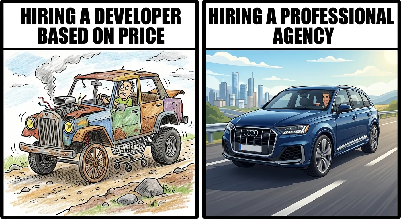 A humorous meme-style graphic. Left panel: "Hiring a developer based on price" (shows a poorly drawn car with mismatched wheels). Right panel: "Hiring a professional agency" (shows a sleek, high-performing luxury SUV driving smoothly on a paved highway)