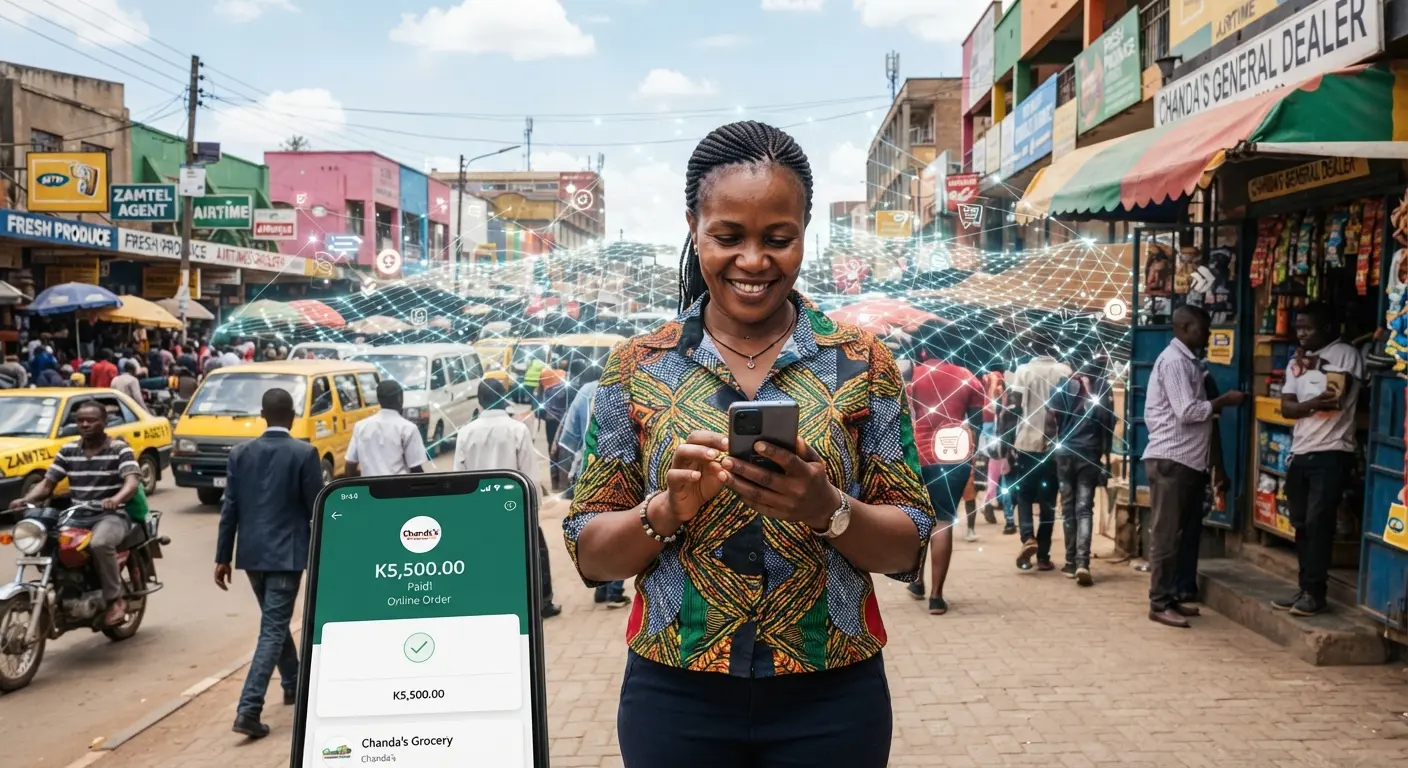 A high-quality photo of a bustling Lusaka street scene where a local business owner is looking at their smartphone with a confident smile, while in the background, a subtle, glowing digital grid overlay signifies the "hidden" power of their online presence