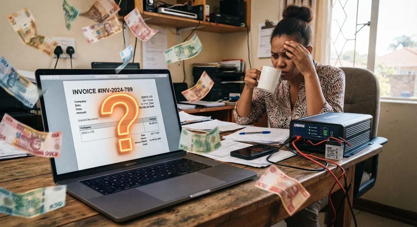 An open laptop displaying an invoice with a giant question mark over it, surrounded by flying Zambian Kwacha notes (ZMW). In the background, a person looking stressed while drinking a cup of coffee next to a power inverter.