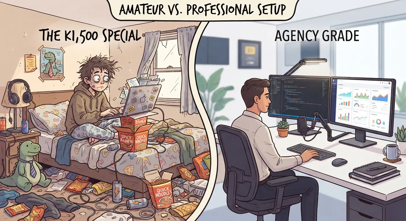 A humorous vector illustration of an "Amateur vs. Professional" setup. Left side: A messy bedroom with a laptop balanced on a box of instant noodles, labeled "The K1,500 Special." Right side: A organized, professional workspace with dual monitors displaying structured code and analytics, labeled "Agency Grade."