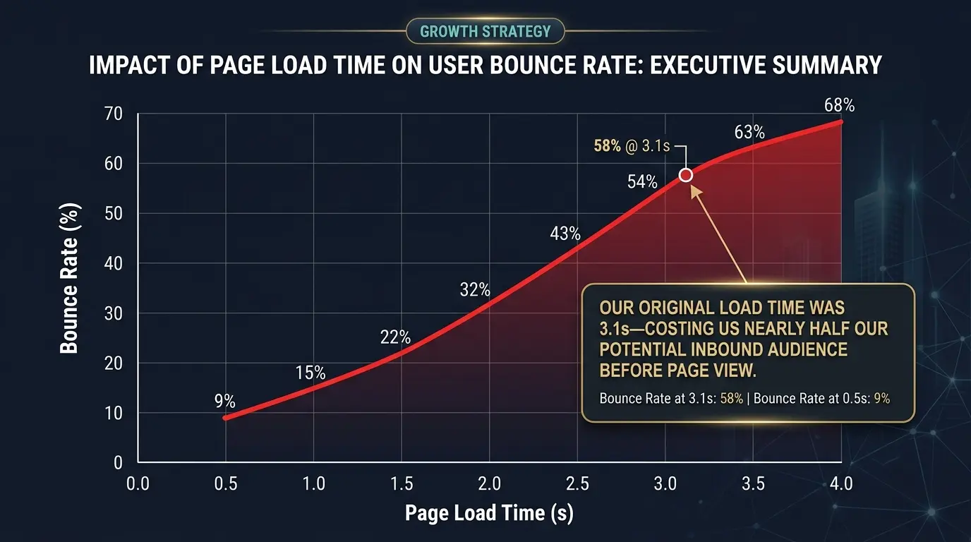 An executive summary chart comparing bounce rate percentage against page load time in seconds. A sharp red curve shows bounce rates climbing from 9% at 0.5s load time up to 58% at 3.1s load time. Annotated callout box highlights: "Our original load time was 3.1s—costing us nearly half our potential inbound audience before page view."