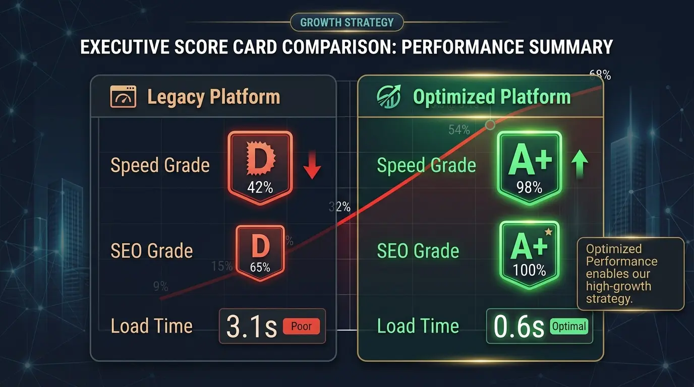 A sleek side-by-side executive score card comparison. Left side ("Legacy Platform"): Speed Grade D (42%), SEO Grade D (65%), Load Time 3.1s. Right side ("Optimized Platform"): Speed Grade A+ (98%), SEO Grade A+ (100%), Load Time 0.6s. Highlighting green performance badges and growth trajectory.