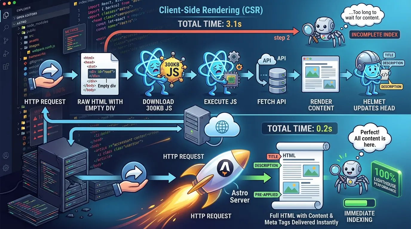 A visual workflow diagram illustrating the difference between client-side rendering (CSR) and server static HTML. Top pipeline (CSR): HTTP Request -> Raw HTML with empty div -> Download 300KB JS -> Execute JS -> Fetch API -> Render Content -> Helmet updates head (Total time: 3.1s, Googlebot leaves at step 2). Bottom pipeline (Static HTML): HTTP Request -> Full HTML with content & meta tags delivered instantly (Total time: 0.2s, Googlebot indexes immediately).