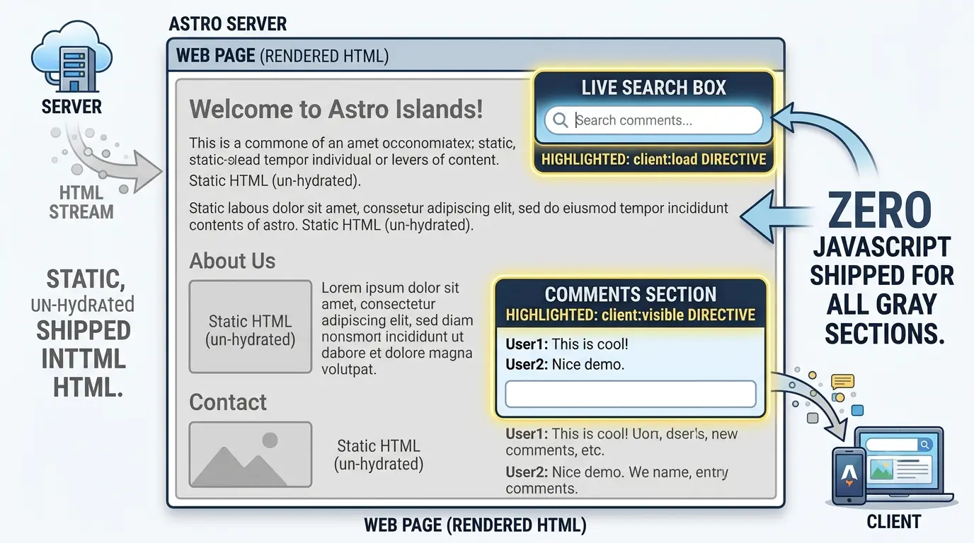 An architectural diagram demonstrating Astro Islands. A web page frame showing mostly static, un-hydrated HTML elements (rendered in neutral light gray). Embedded inside are two isolated interactive components: a "Live Search Box" highlighted with a client:load directive banner, and a "Comments Section" highlighted with a client:visible directive banner. A callout arrow emphasizes: "Zero JavaScript shipped for all gray sections."