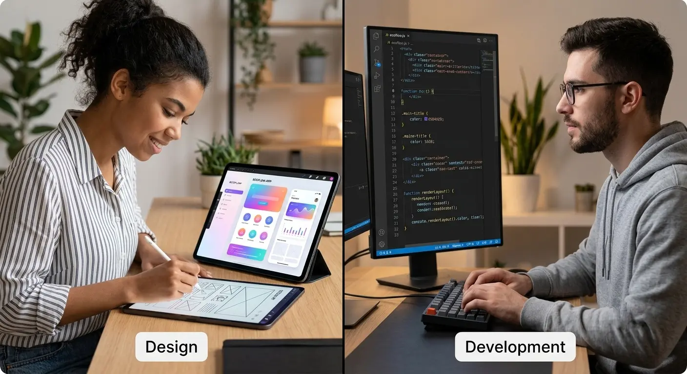 A split graphic. On the left side, an artist with a digital stylus sketching a colorful, modern layout on a tablet ("Design"). On the right side, a developer writing clean lines of code on a vertical monitor ("Development")