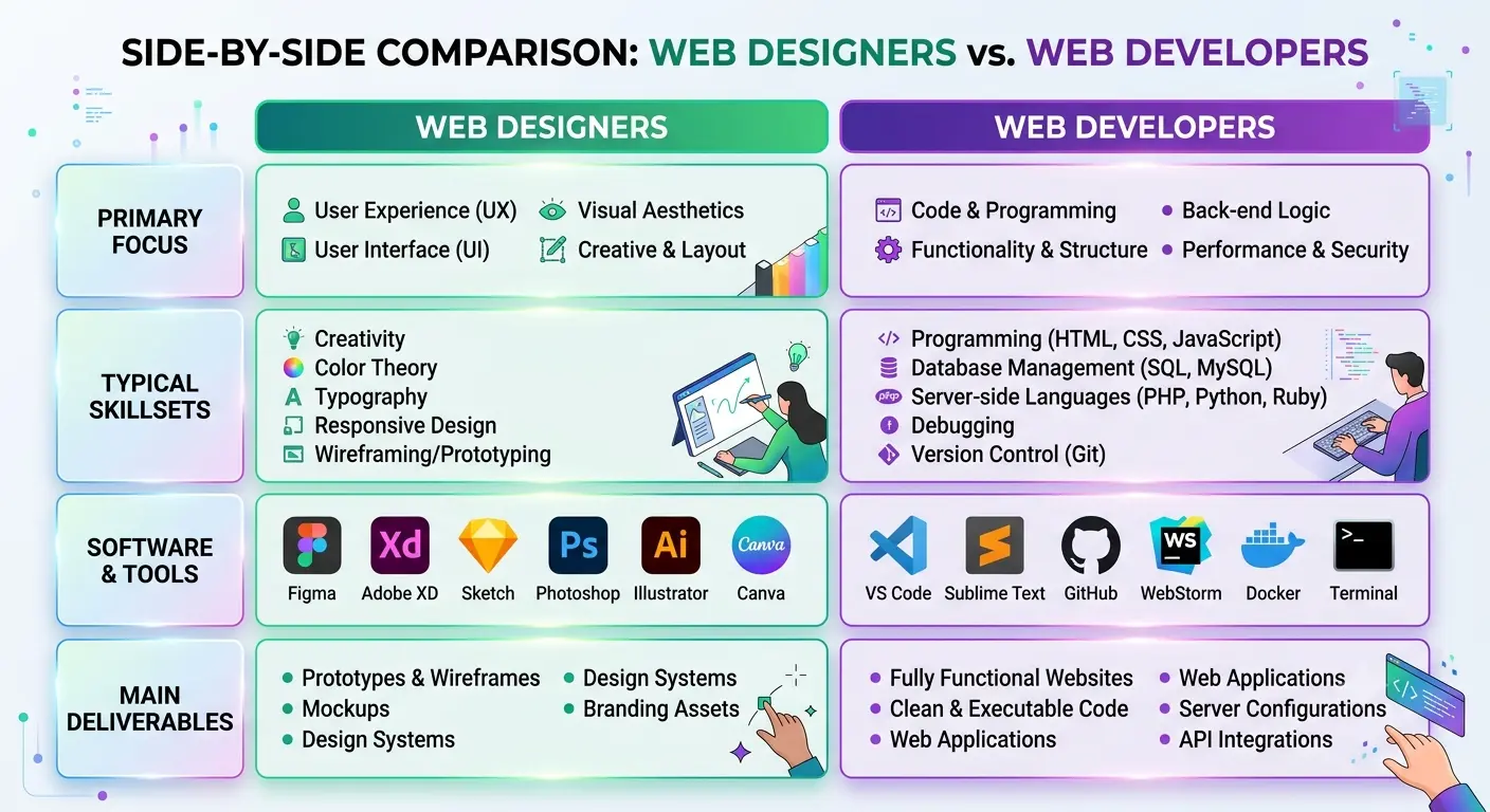 A side-by-side comparison matrix table illustrating the distinct skillsets, software tools, and deliverables of web designers versus web developers.