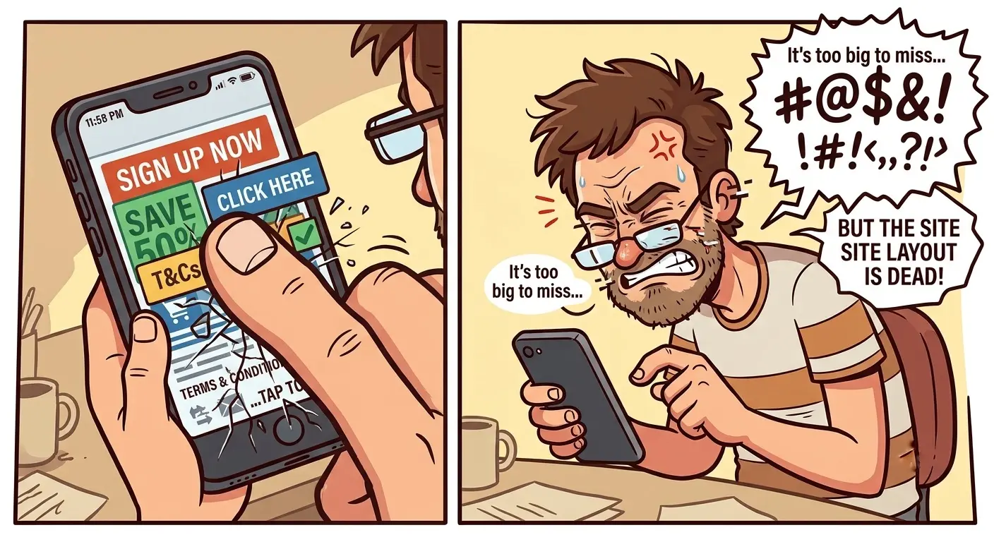 A funny, relatable vector comic. A customer trying to tap a microscopic button on their phone screen while squinting with intense frustration. On the screen, a website layout is completely broken and overlapping.