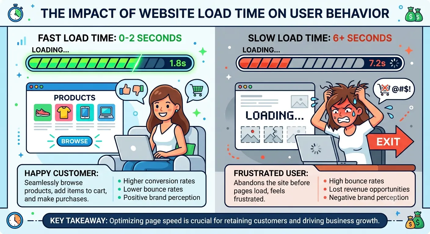 An infographic comparing user behavior. A fast loading bar (0-2 seconds) showing a happy customer browsing products vs. a slow loading bar (6+ seconds) showing a cartoon character pulling their hair out and leaving the site.