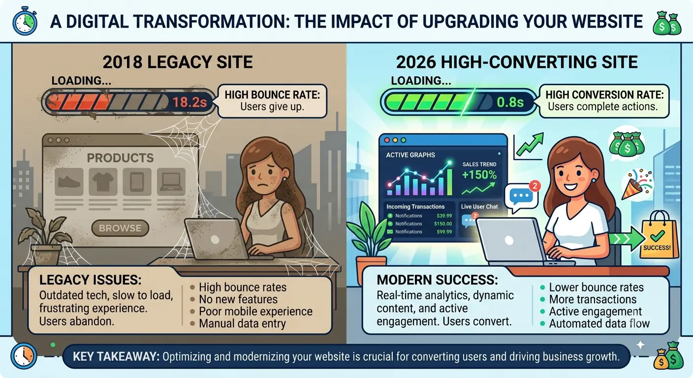 A split vector showing a dusty, cobweb-covered laptop labeled "2018 Legacy Site" next to a bright, modern laptop with active graphs, live user chat notifications, and incoming transactions labeled "2026 High-Converting Site."