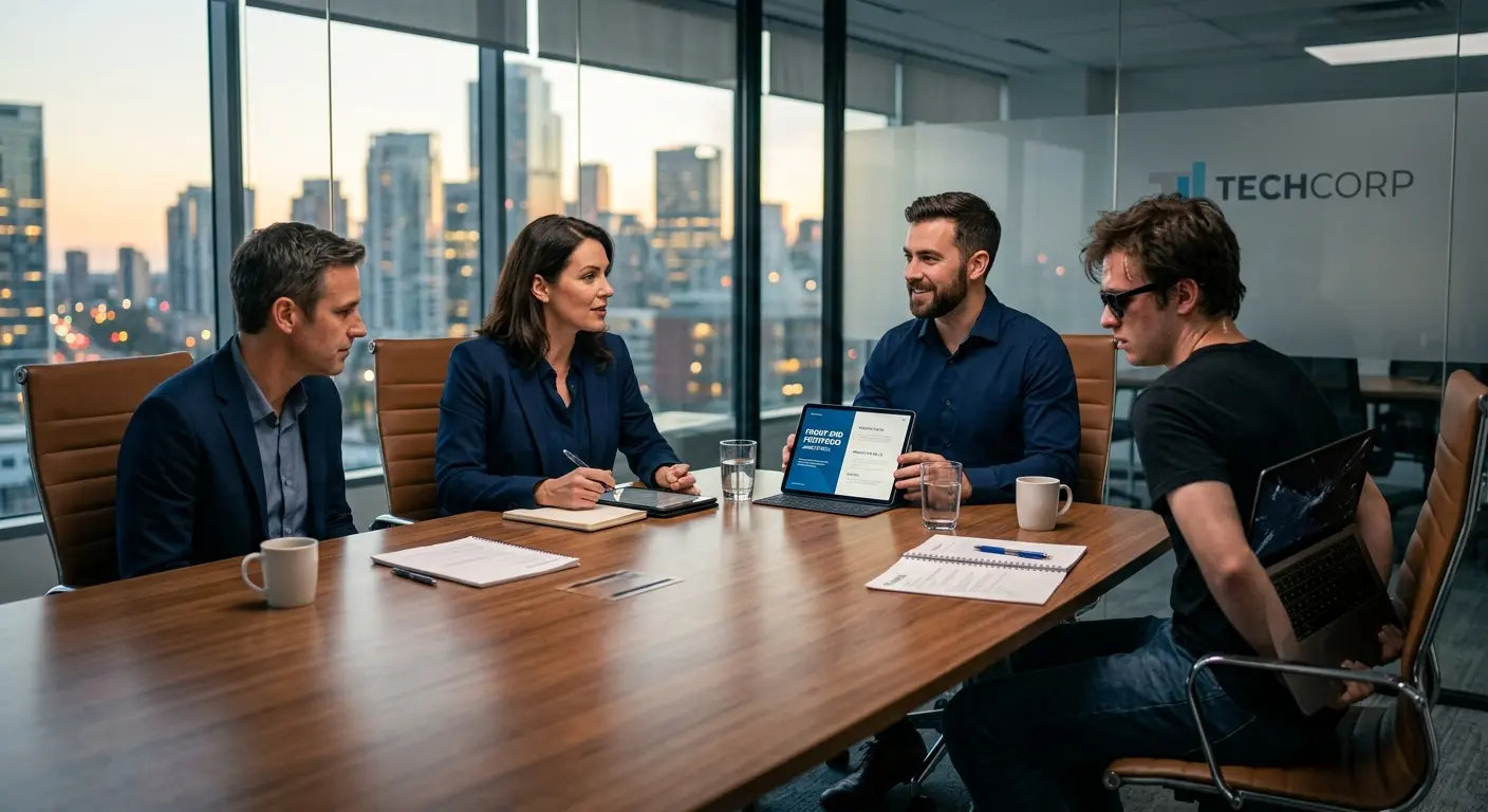 A business owner interviewing two developers across a table. One developer is wearing a sharp corporate shirt and presenting a professional portfolio tablet; the other is sweating nervously, wearing sunglasses indoors, and hiding a broken laptop behind his back.