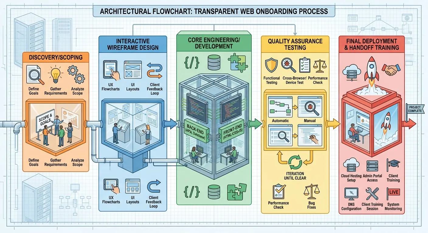 An architectural flowchart illustrating a transparent web onboarding process: 1. Discovery/Scoping -> 2. Interactive Wireframe Design -> 3. Core Engineering/Development -> 4. Quality Assurance Testing -> 5. Final Deployment & Handoff Training.