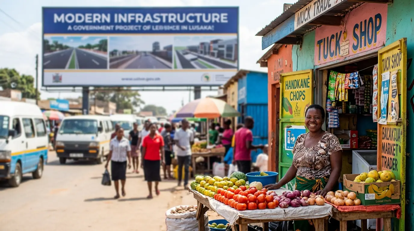A vibrant street-level photograph in Lusaka showing a local market trader smiling outside her shop, with a modern infrastructure banner or billboard in the blurred background.