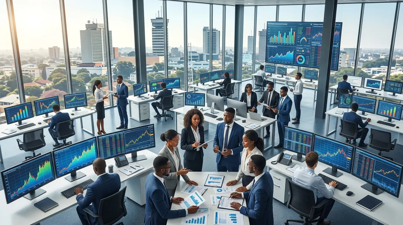 A high-angle photograph of a modern financial office in Lusaka with young Zambian professionals analyzing economic charts and financial reports on modern screens.